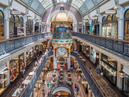 Interior of the Queen Victoria Building, Sydney with shoppers on three floors.